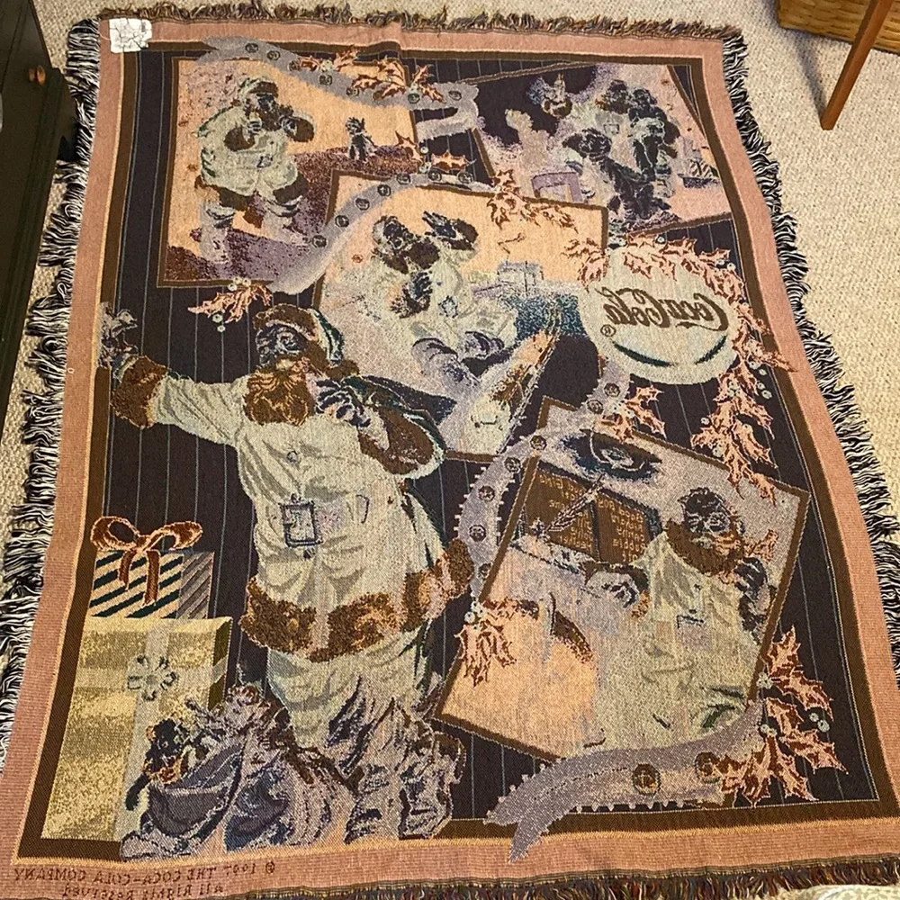 Vintage 1997 Coca Cola Santa Collage Tapestry Afghan Throw USA Made 100% Cotton